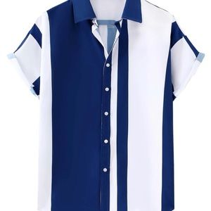 NEW Men blue white striped button up shirt